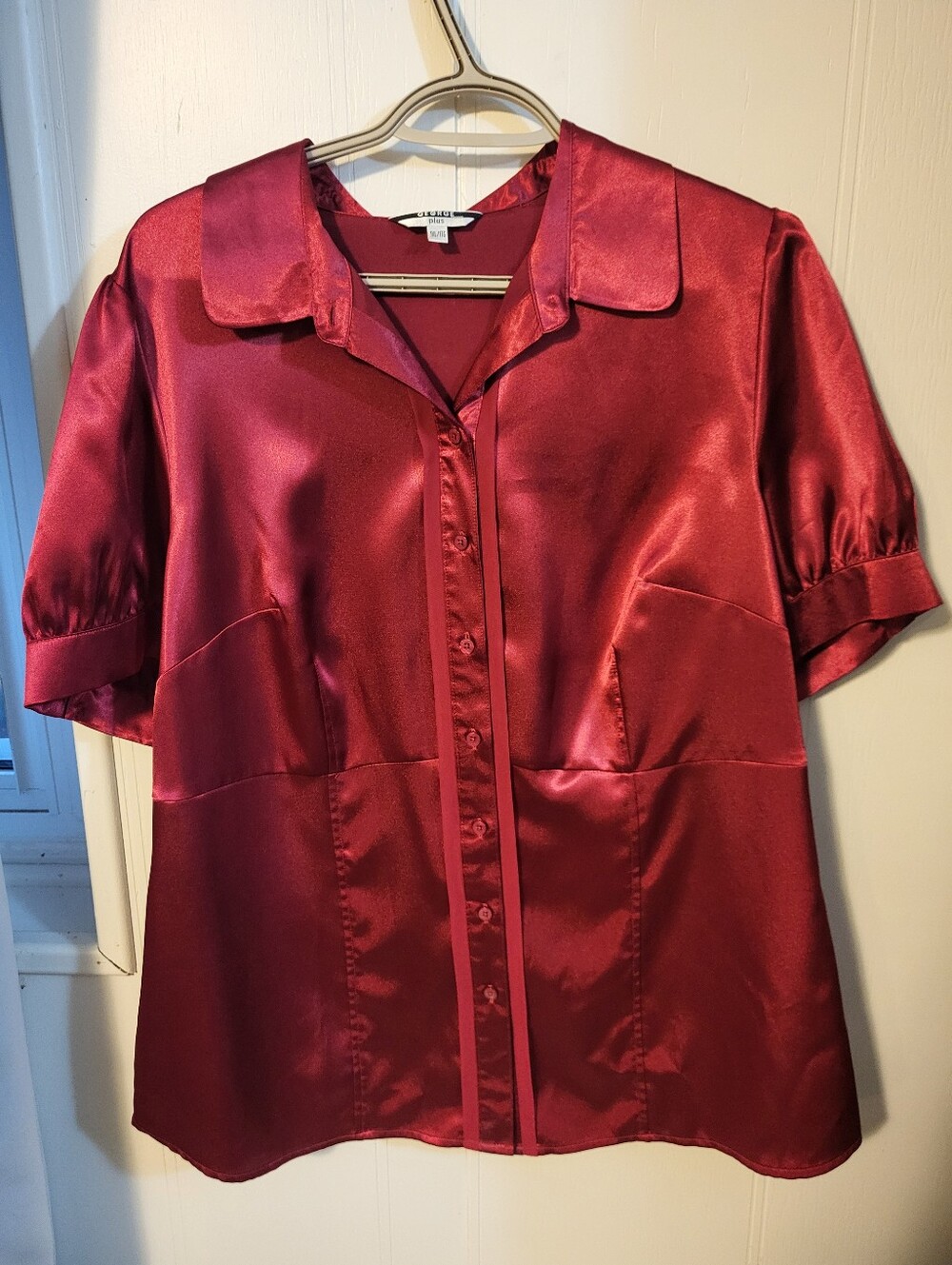 Satin Button-Front Blouse - Burgundy/Red Sz 1XL